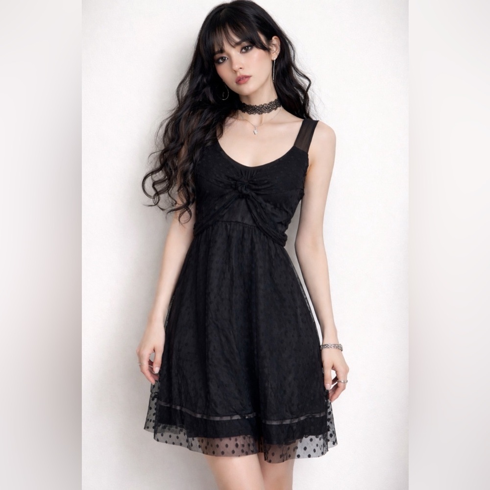 VTG Y2K Black Swiss Dot Sheer Mesh Dress 2 Silk Kawaii Whimsigoth Fairy‎ Grunge